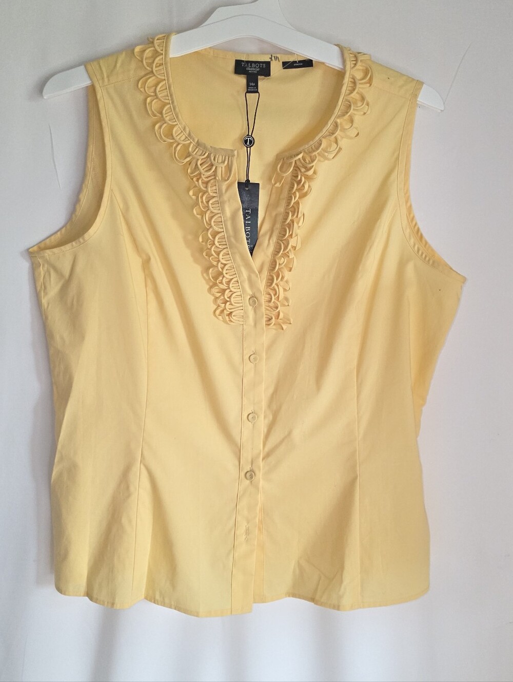 Talbots Pale Yellow Sleeveless Button-Front Blouse with Scalloped Trim